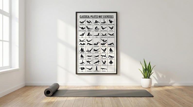 以下が含まれることがあります： 「CLASSICAL PILATES MAT EXERCISES」と書かれた額入りのポスターが白い壁に掛けられており、さまざまなピラティスのエクササイズの黒いシルエットイラストが表示されています。丸められた灰色のエクササイズマットと鉢植えの植物が木製の床に置かれています。