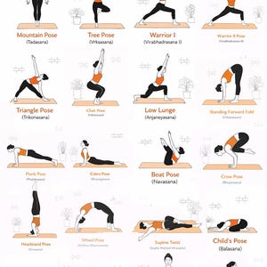 Puede incluir: Una guía ilustrada de posturas de yoga esenciales, incluyendo la postura de la montaña, la postura del árbol, el guerrero I, y más. Cada postura es demostrada por una persona en ropa deportiva naranja y negra. El título "ESSENTIAL YOGA POSES" está en la parte superior.