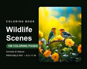 Wildlife Scenes Coloring Book for Adults, 100 Animal and Nature Coloring Pages, Printed Paperback Book