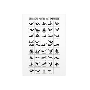 Peut inclure: Une affiche blanche avec des illustrations noires d'exercices de Pilates classiques au sol. L'affiche comprend des noms d'exercices tels que "The Hundred", "Saw" et "Swimming". Le texte "CLASSICAL PILATES MAT EXERCISES" est en haut.