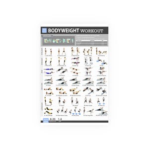 May include: A white poster titled "Bodyweight Workout" with illustrations of various exercises. The poster includes instructions for repetitions and sets, and diagrams of exercises targeting different muscle groups, such as upper body, back, and core.