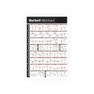 Könnte beinhalten: Ein weißes Poster mit der Aufschrift "Barbell Workout". Das Poster zeigt Illustrationen verschiedener Langhantelübungen, unterteilt in Ober- und Unterkörper-Workouts. Die Übungen werden mit Strichmännchen dargestellt.