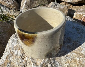 Handmade Rustic Ceramic Cup – Cream Stoneware with Brown Glaze Accent