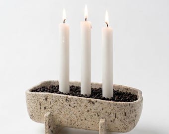 Ceramic Succulent Planter and Tea Light Candle Holder, Speckled Footed Trough Bowl, Minimalist Coffee Table Centerpiece, Boho Home Gift