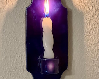 Vintage Wall Candle Sconce | Dark Purple Glazed Ceramic Candle Holder | Gothic Wall Decor | Cottage Medieval Style Sconce