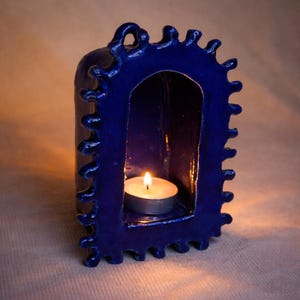 Cobalt Blue Ceramic Candle Lantern – Handmade Sculptural Tealight Holder with Arched Opening
