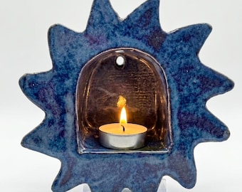 Ink Blue Ceramic Candle Lantern - Handmade Sculptural Tealight Holder with Arched Opening