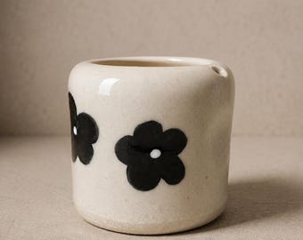 Handmade Ceramic Tumbler | Black Floral Pottery Cup | Cream Stoneware Tumbler | Hand Painted Flower Cup | Minimalist Ceramic Cup