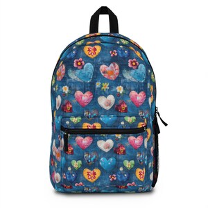 Blue Hearts Pattern With White and Blue Flowers - Backpack  display picture 2