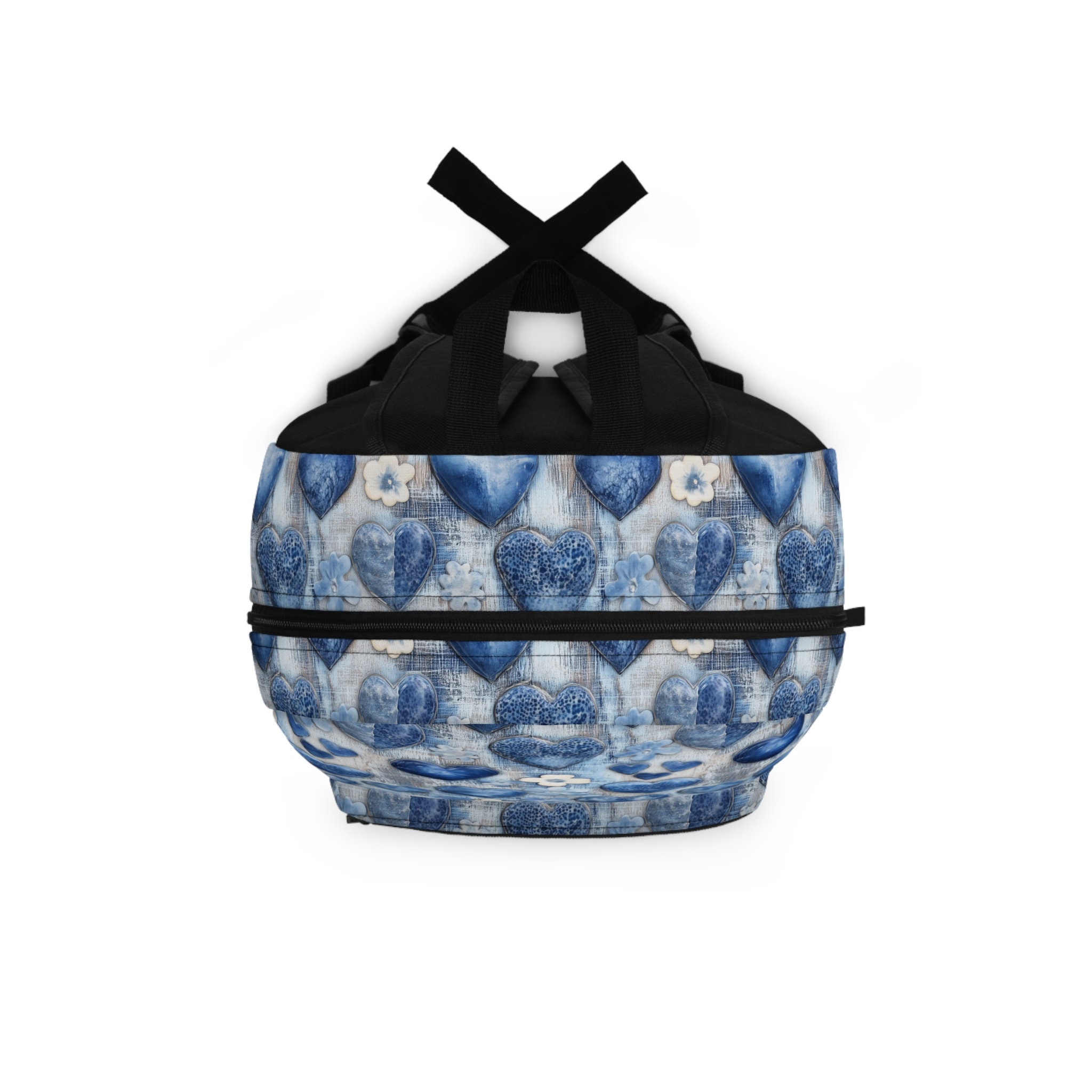 Blue Hearts Pattern With White and Blue Flowers - Backpack 