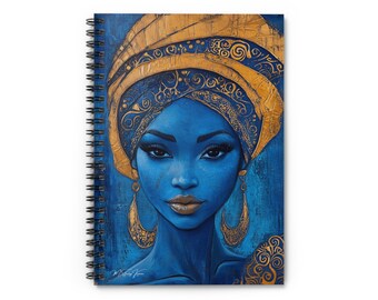 Print of African Woman in Blue and Gold (Face 1) by M. Stanley Kamau - Spiral Notebook - Ruled Line