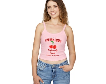 Cherries With Bows Spaghetti Strap Tank Top, Cherry Bow Crop Tank