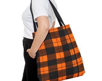 Buffalo Check Inspired Plaid Tote | Classic Orange Black Print | Scottish Plaid Vibes | Grunge | Fall-Ready | Durable Everyday | Tote Bag