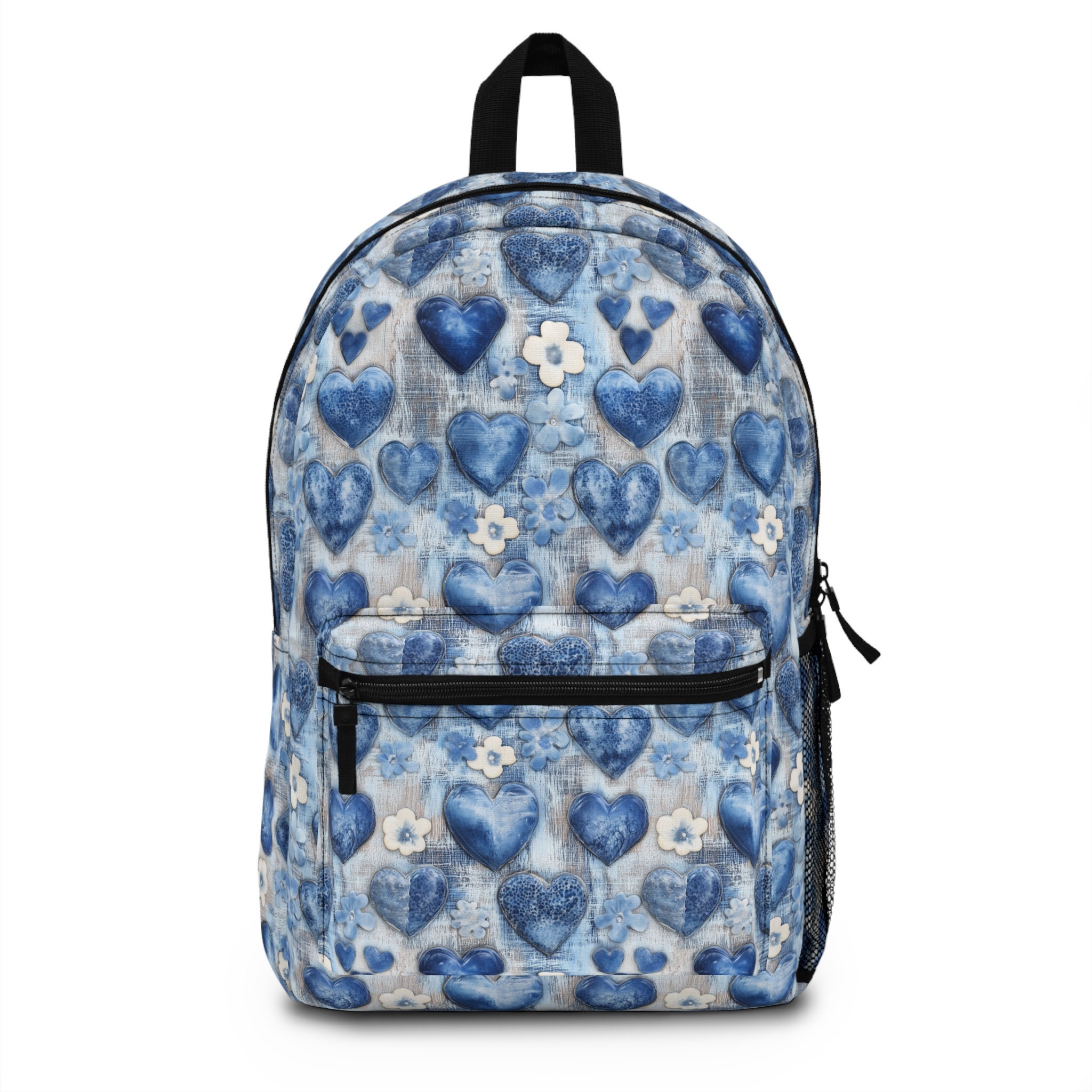 White & Navy Floral Heart  Backpack Blue Hearts Pattern With White and Blue Flowers - Backpack  main image 4