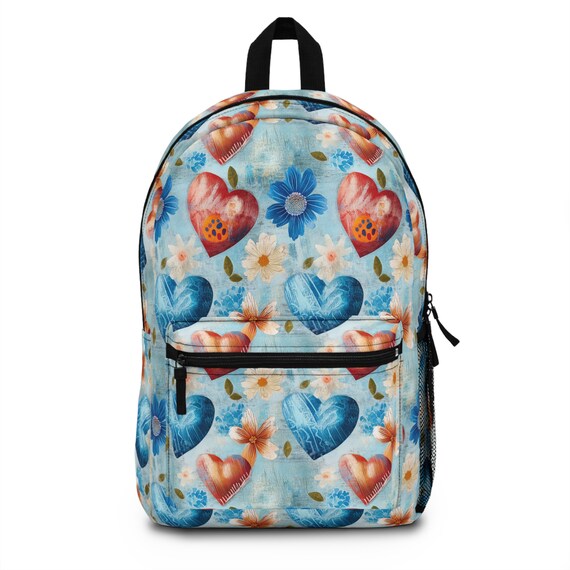 Blue and Red Heart Pattern Together With Flowers - Backpack 