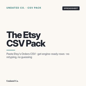 May include: A digital product graphic titled The Etsy CSV Pack by Undated Co. The text reads: Undated Co. CSV Pack, SPREADSHEET, The Etsy CSV Pack, Paste Etsy's Orders CSV - get engine-ready rows - no retyping, no guessing. The design is black text on cream.