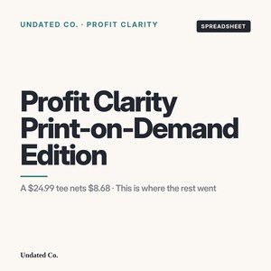 May include: A digital spreadsheet titled Profit Clarity Print-on-Demand Edition by Undated Co. The text features a dark blue header on a cream background with the subtext A $24.99 tee nets $8.68 · This is where the rest went, providing financial tracking.