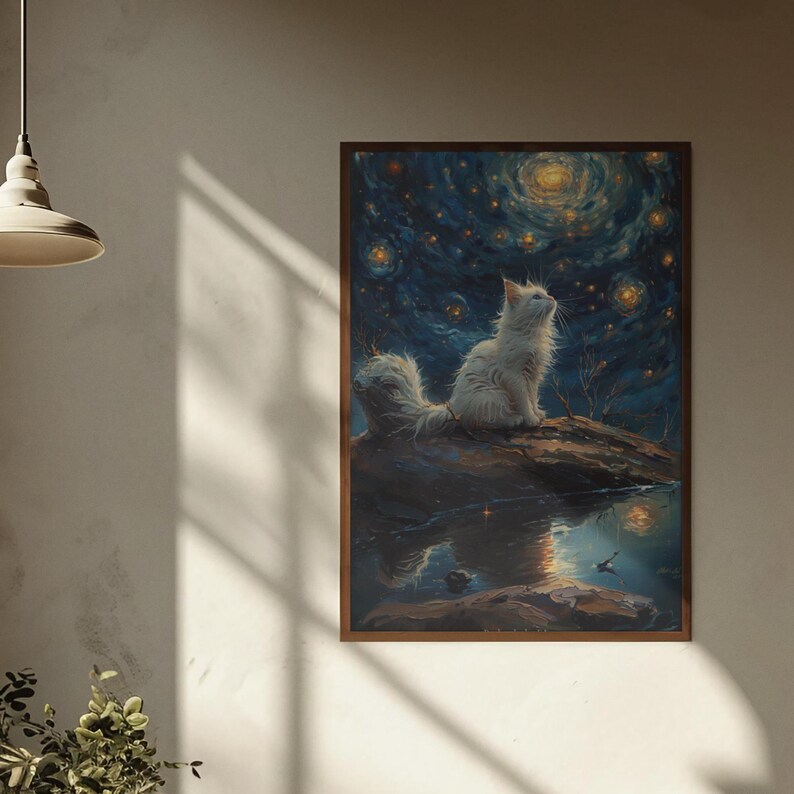 Elegant White Cat Painting Starry Night Background Halloween Wall Art