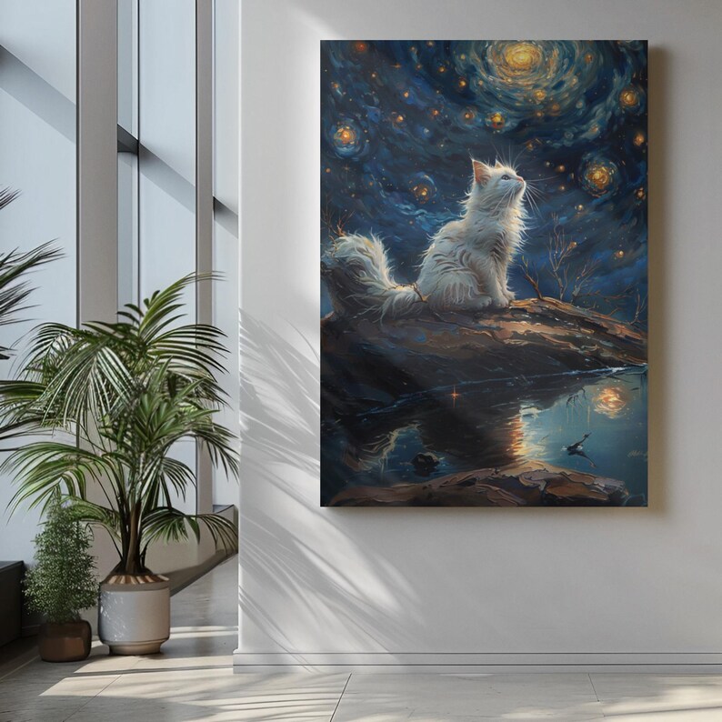 Elegant White Cat Painting Starry Night Background Halloween Wall Art