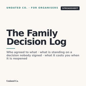 May include: A digital spreadsheet titled The Family Decision Log by Undated Co. for organisers. The text reads: Who agreed to what, what is standing on a decision nobody signed, what it costs you when it is reopened. The background is off-white.
