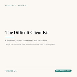 May include: A digital document titled The Difficult Client Kit by Undated Co. The text includes the subtitle Complaints, expectation resets, and clean exits, followed by Triage, the refund decision, the reset meeting, and three ways out. PDF + Editable Word.