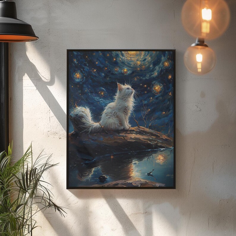 Elegant White Cat Painting Starry Night Background Halloween Wall Art