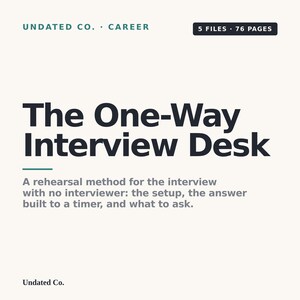 Preparación para entrevistas en vídeo unidireccionales, tarjetas de práctica para entrevistas grabadas, ejemplos de respuestas cronometradas, lista de verificación de configuración y hojas de trabajo con banco de respuestas.