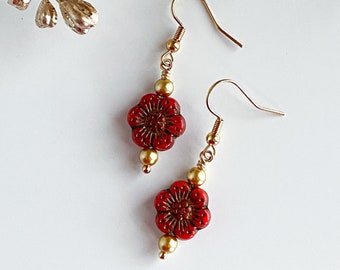 Red flower earrings, boho earrings, stocking stuffers for her, Christmas gifts for women, boho flower earrings, flower jewelry
