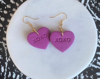 Polymer clay heart earrings, XOXO, Valentine’s Day earrings, gifts for her, Purple Heart earrings