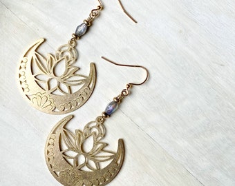 Large boho dangle earrings, brass earrings for women, Mother’s Day gift, dangle earrings, statement earrings, long earrings, lotus earrings