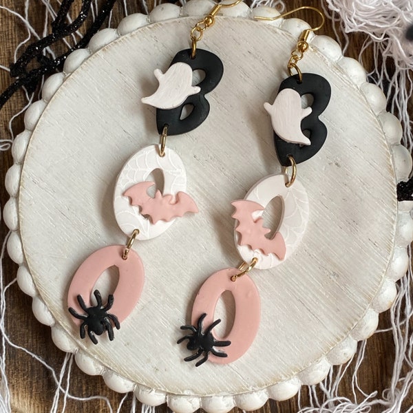 Polymer clay earrings, black pink white, Halloween earrings clay, dangle earrings, ghost bat spider, boo earrings