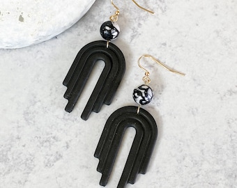 Polymer clay earrings, black and white, Halloween earrings clay, dangle earrings, arch clay earrings