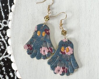 Floral Polymer Clay Ghost Earrings: Halloween Spooky Jewelry