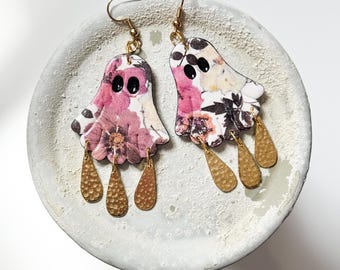 Floral Polymer Clay Ghost Earrings: Halloween Dangle Jewelry