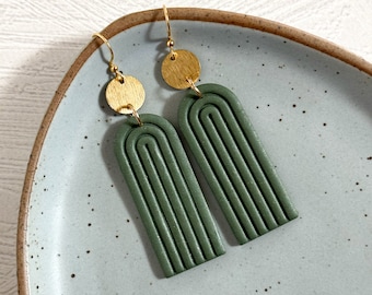 Polymer clay arch earrings, dark green, boho jewelry, gifts for her, arch clay earrings