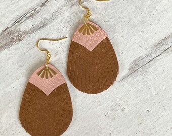 Leather fringe earrings, brown and pink, earrings for women, gifts for her