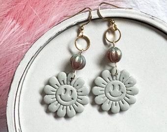 Polymer clay flower earrings, sage green, boho jewelry, gifts for her, floral clay earrings