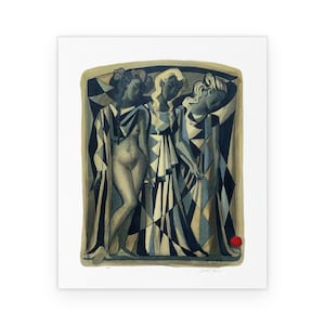 May include: An art print featuring three figures in a stylized, geometric composition. The figures are depicted in shades of blue, gray, and beige, with one nude figure. A red sphere is at the bottom right. The artwork has a vintage aesthetic.