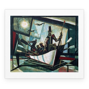 May include: A stylized painting of a boat with five people rowing. The boat is white with blue and gray stripes. The people are wearing dark clothing and the person in the back is wearing a top hat. The background is a geometric pattern of blue, green, and red.