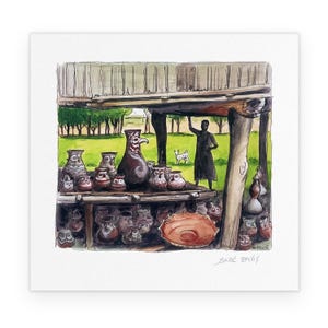 Peut inclure: Une peinture à l'aquarelle d'un stand de poterie avec une variété de pots et de cruches en terre cuite brune. Le stand est sous un toit en bois et une personne se tient en arrière-plan. Le texte "MARC DAVIS" est signé en bas à droite.