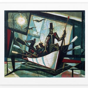 May include: A stylized painting of a boat with four figures rowing. The boat is white with blue stripes and the figures are wearing dark clothing. The background is a geometric pattern of blue, green, and red.