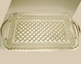 Vintage cracker, relish, pressed crystal tray,handles, diamond point style, 9 inch