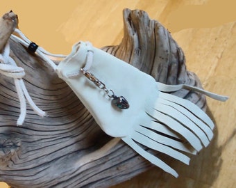 Small SOFT Cream LEATHER POUCH With fringe, pendant and surprise.