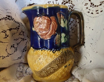 Vintage Pitcher Late 1800's Rose design Edwardian Majolica