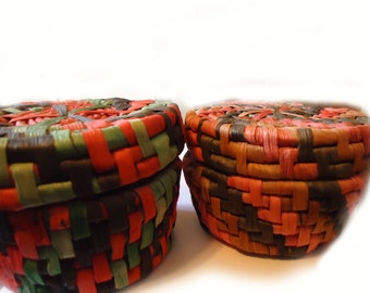 Two Vintage HAND WOVEN BASKETS, Medium size, reds browns greens