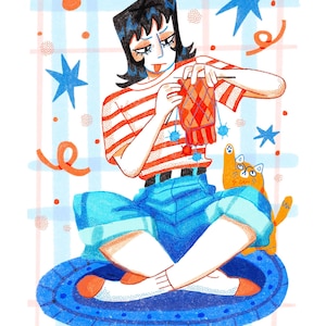 Puede incluir: Ilustraci&oacute;n de una persona tejiendo una bufanda con un patr&oacute;n rojo y naranja, vistiendo una camisa a rayas rojas y blancas y pantalones cortos azules. Hay un gato presente. La imagen incluye el texto "DAY 3 : STRIPES" sobre un fondo a cuadros azul y blanco.