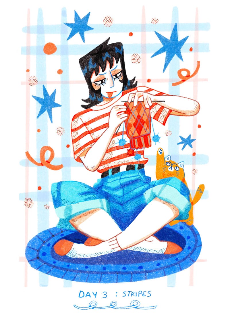 Puede incluir: Ilustraci&oacute;n de una persona tejiendo una bufanda con un patr&oacute;n rojo y naranja, vistiendo una camisa a rayas rojas y blancas y pantalones cortos azules. Hay un gato presente. La imagen incluye el texto "DAY 3 : STRIPES" sobre un fondo a cuadros azul y blanco.