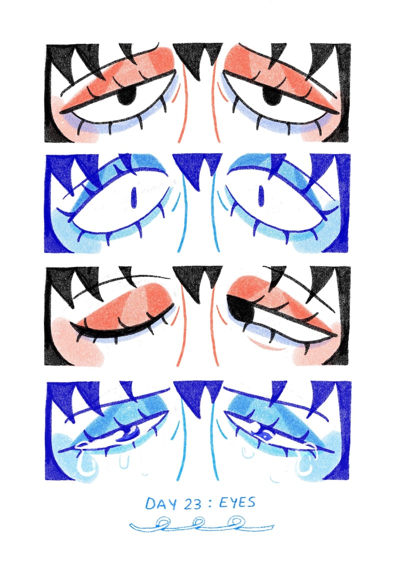 Puede incluir: Ilustraci&oacute;n de cuatro pares de ojos estilizados en una cuadr&iacute;cula. Los dos pares superiores tienen acentos melocot&oacute;n y negros, mientras que los dos inferiores son azules. El texto "DAY 23 : EYES" est&aacute; en la parte inferior.