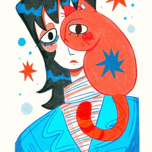 Puede incluir: Ilustraci&oacute;n de una persona con cabello negro y una camisa a rayas azules y blancas, con un gran gato naranja. El gato tiene una estrella azul en su costado. El texto "DAY 1: CAT" est&aacute; en la parte inferior.