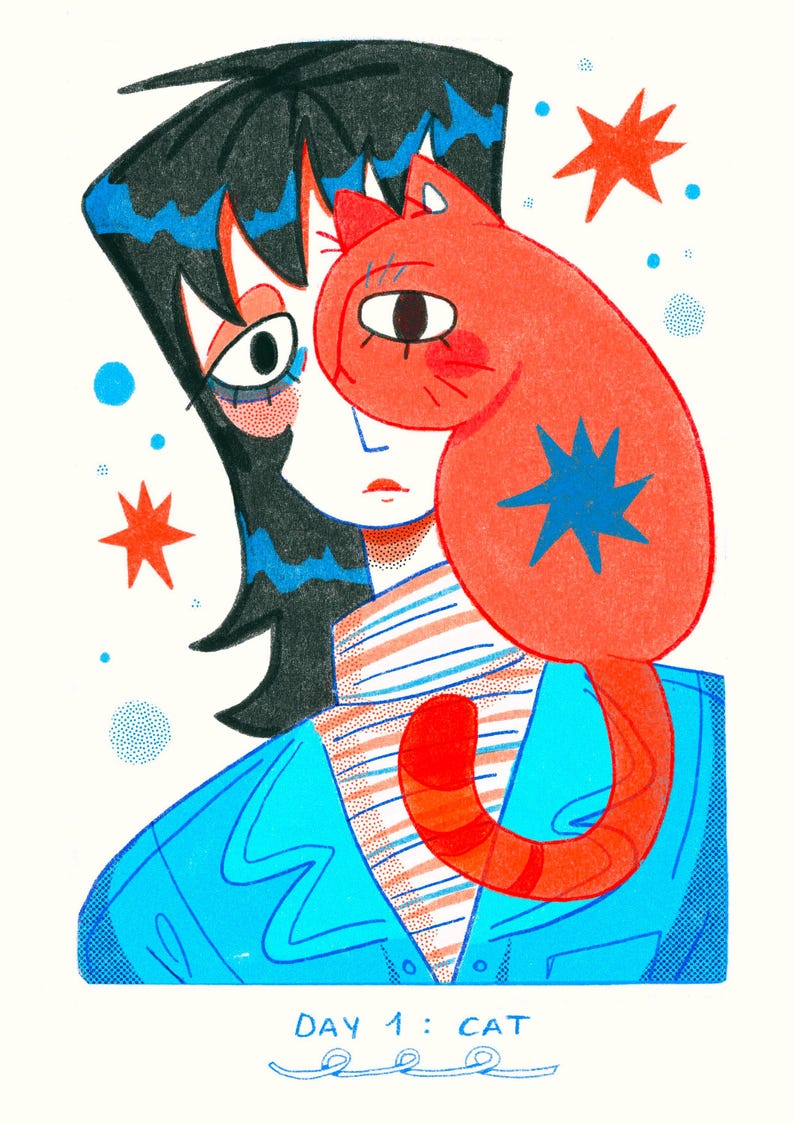 Puede incluir: Ilustraci&oacute;n de una persona con cabello negro y una camisa a rayas azules y blancas, con un gran gato naranja. El gato tiene una estrella azul en su costado. El texto "DAY 1: CAT" est&aacute; en la parte inferior.